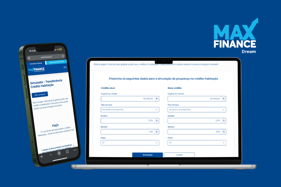 Banner da MaxFinance Dream com fundo azul, apresentando um telemóvel e um computador portátil a exibir o simulador online de transferência de crédito habitação.
